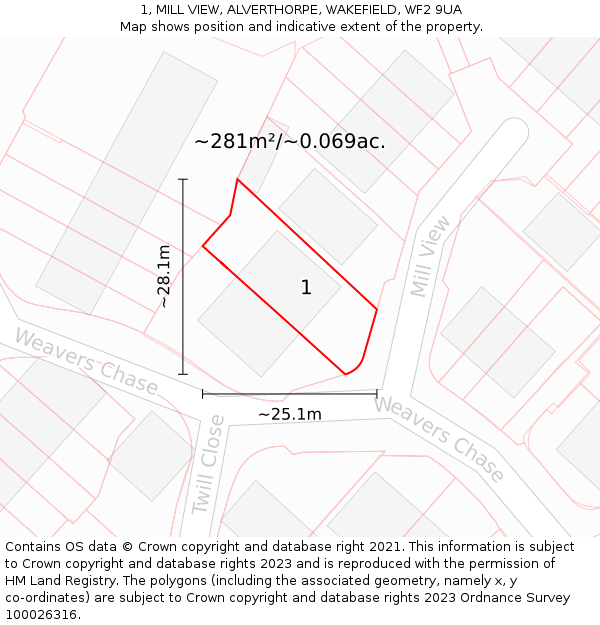 1, MILL VIEW, ALVERTHORPE, WAKEFIELD, WF2 9UA: Plot and title map