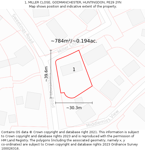 1, MILLER CLOSE, GODMANCHESTER, HUNTINGDON, PE29 2YN: Plot and title map