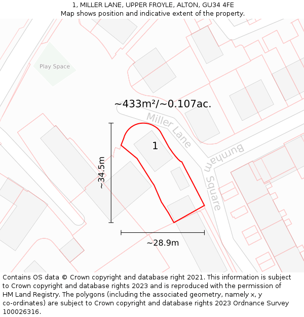 1, MILLER LANE, UPPER FROYLE, ALTON, GU34 4FE: Plot and title map