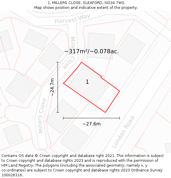 1, MILLERS CLOSE, SLEAFORD, NG34 7WG: Plot and title map