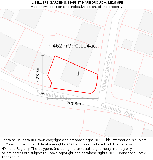 1, MILLERS GARDENS, MARKET HARBOROUGH, LE16 9FE: Plot and title map