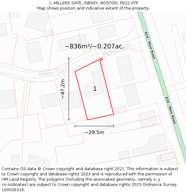 1, MILLERS GATE, SIBSEY, BOSTON, PE22 0TP: Plot and title map