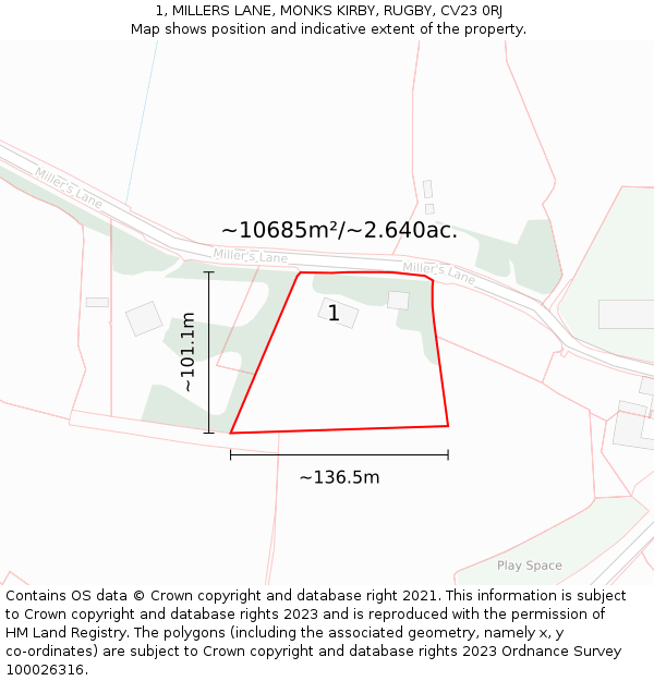 1, MILLERS LANE, MONKS KIRBY, RUGBY, CV23 0RJ: Plot and title map