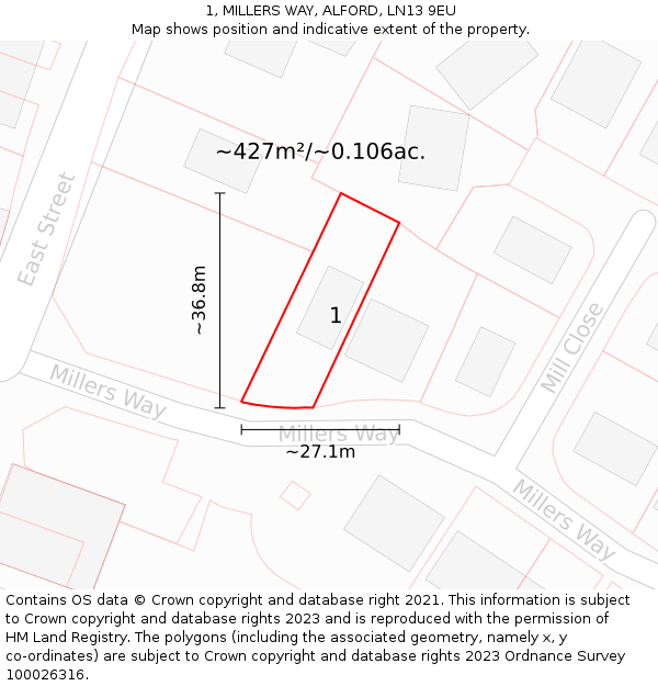 1, MILLERS WAY, ALFORD, LN13 9EU: Plot and title map