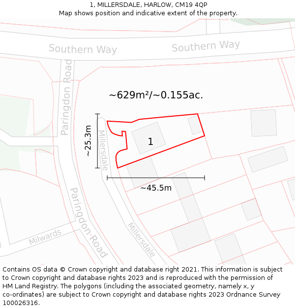 1, MILLERSDALE, HARLOW, CM19 4QP: Plot and title map