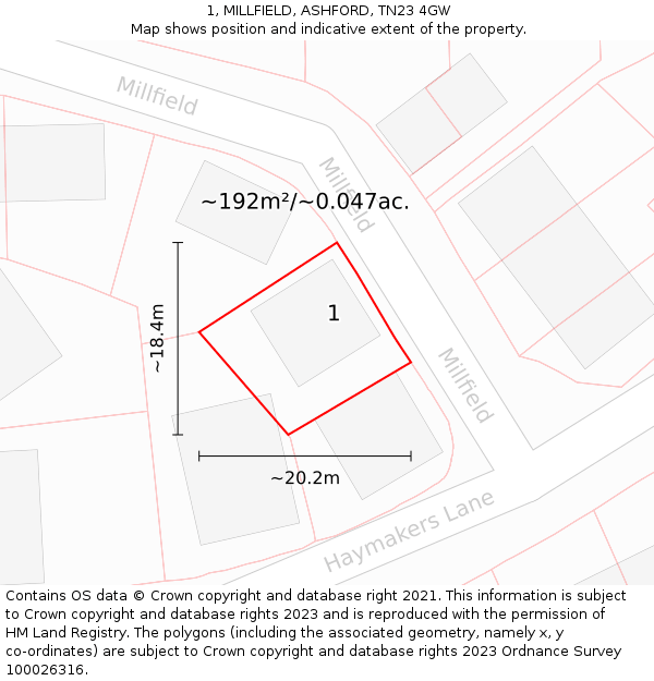 1, MILLFIELD, ASHFORD, TN23 4GW: Plot and title map