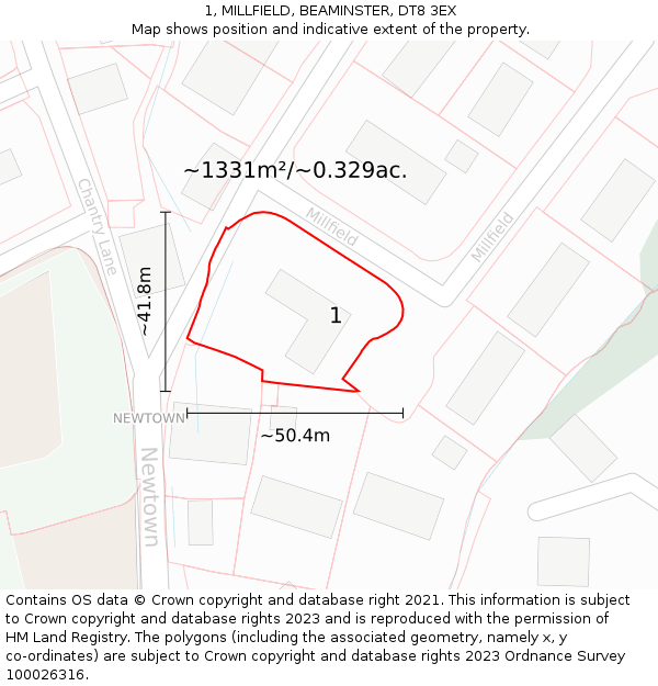 1, MILLFIELD, BEAMINSTER, DT8 3EX: Plot and title map