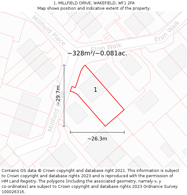 1, MILLFIELD DRIVE, WAKEFIELD, WF1 2FA: Plot and title map