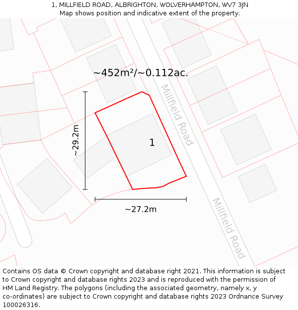 1, MILLFIELD ROAD, ALBRIGHTON, WOLVERHAMPTON, WV7 3JN: Plot and title map