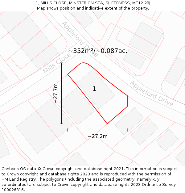 1, MILLS CLOSE, MINSTER ON SEA, SHEERNESS, ME12 2RJ: Plot and title map