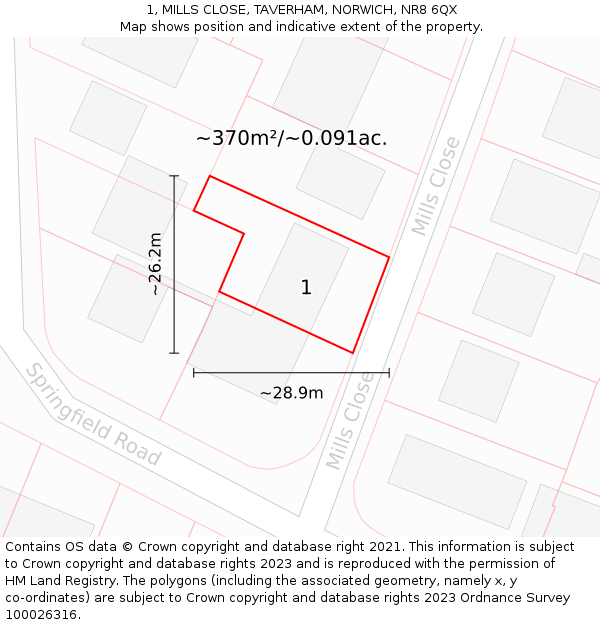 1, MILLS CLOSE, TAVERHAM, NORWICH, NR8 6QX: Plot and title map