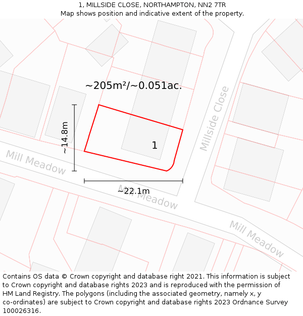 1, MILLSIDE CLOSE, NORTHAMPTON, NN2 7TR: Plot and title map