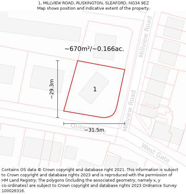 1, MILLVIEW ROAD, RUSKINGTON, SLEAFORD, NG34 9EZ: Plot and title map