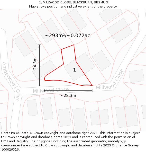 1, MILLWOOD CLOSE, BLACKBURN, BB2 4UG: Plot and title map