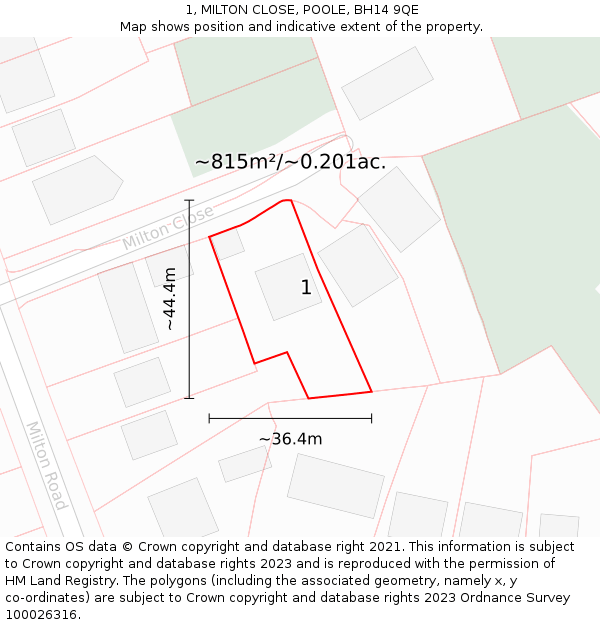 1, MILTON CLOSE, POOLE, BH14 9QE: Plot and title map