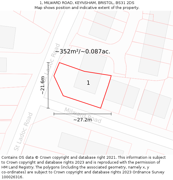 1, MILWARD ROAD, KEYNSHAM, BRISTOL, BS31 2DS: Plot and title map