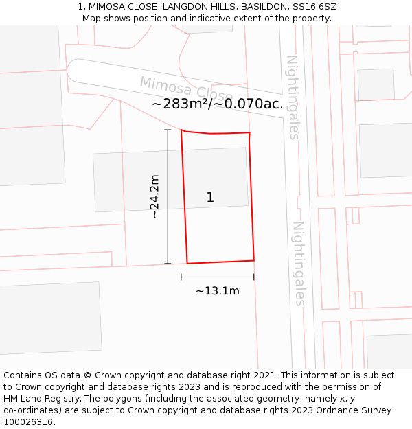 1, MIMOSA CLOSE, LANGDON HILLS, BASILDON, SS16 6SZ: Plot and title map