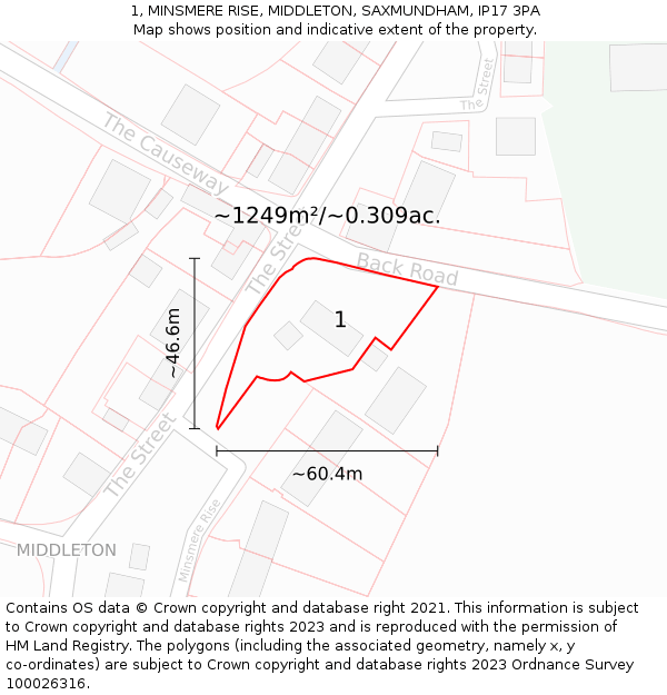 1, MINSMERE RISE, MIDDLETON, SAXMUNDHAM, IP17 3PA: Plot and title map