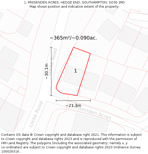 1, MISSENDEN ACRES, HEDGE END, SOUTHAMPTON, SO30 2RD: Plot and title map