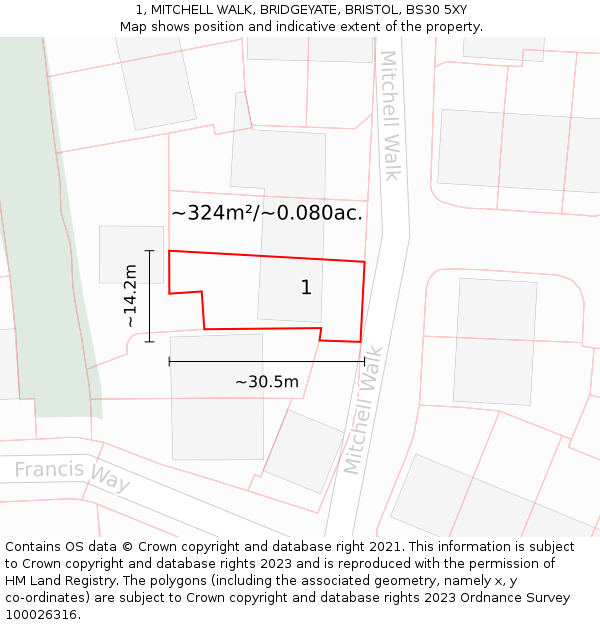 1, MITCHELL WALK, BRIDGEYATE, BRISTOL, BS30 5XY: Plot and title map