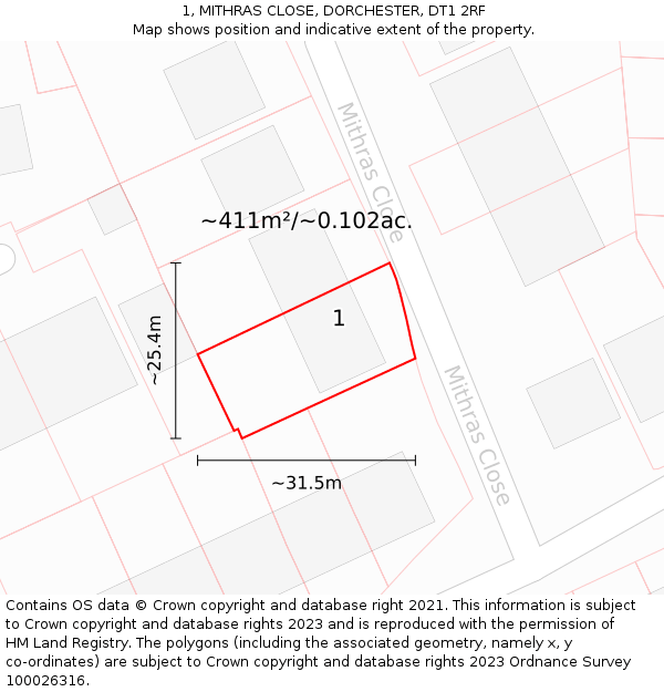 1, MITHRAS CLOSE, DORCHESTER, DT1 2RF: Plot and title map