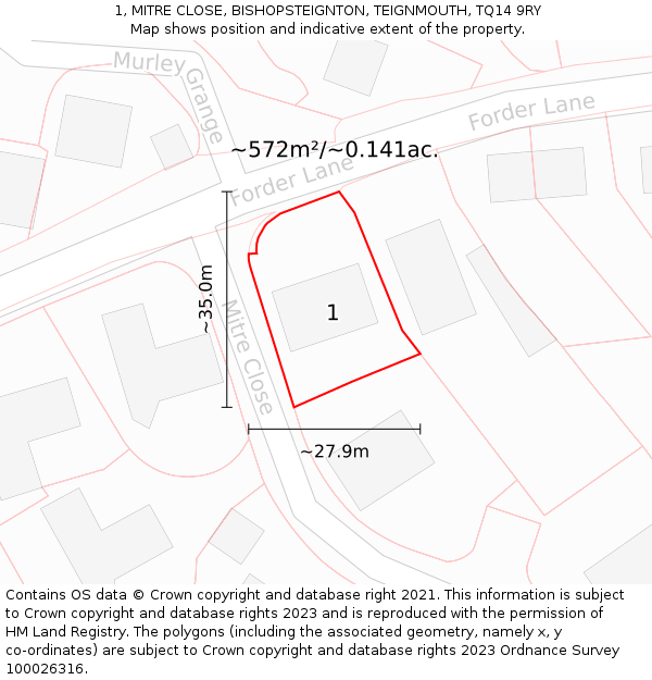 1, MITRE CLOSE, BISHOPSTEIGNTON, TEIGNMOUTH, TQ14 9RY: Plot and title map