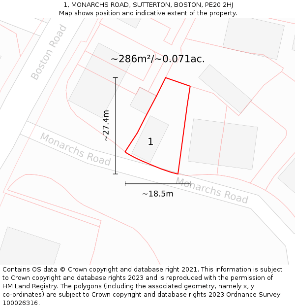 1, MONARCHS ROAD, SUTTERTON, BOSTON, PE20 2HJ: Plot and title map