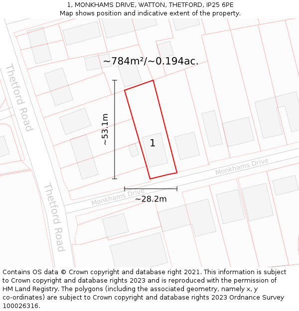 1, MONKHAMS DRIVE, WATTON, THETFORD, IP25 6PE: Plot and title map