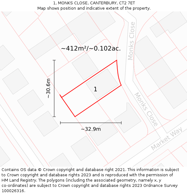 1, MONKS CLOSE, CANTERBURY, CT2 7ET: Plot and title map