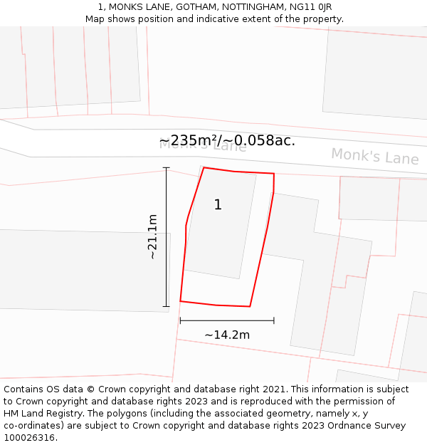 1, MONKS LANE, GOTHAM, NOTTINGHAM, NG11 0JR: Plot and title map