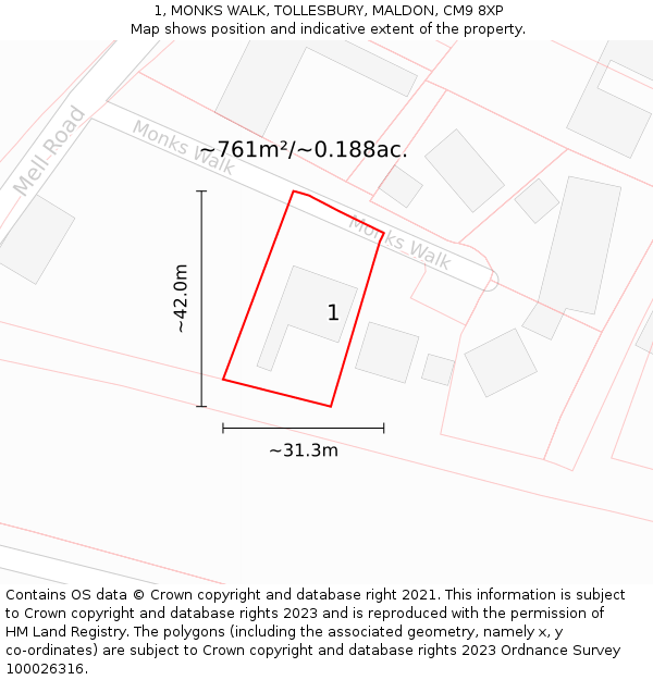 1, MONKS WALK, TOLLESBURY, MALDON, CM9 8XP: Plot and title map