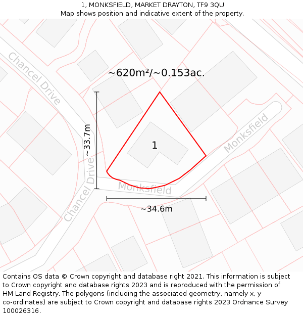 1, MONKSFIELD, MARKET DRAYTON, TF9 3QU: Plot and title map