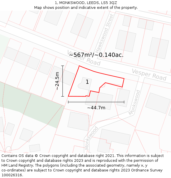 1, MONKSWOOD, LEEDS, LS5 3QZ: Plot and title map