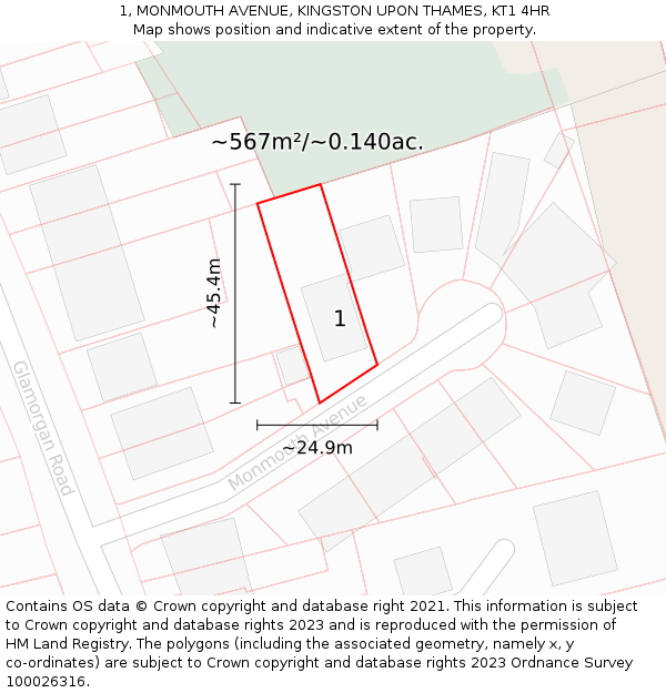 1, MONMOUTH AVENUE, KINGSTON UPON THAMES, KT1 4HR: Plot and title map