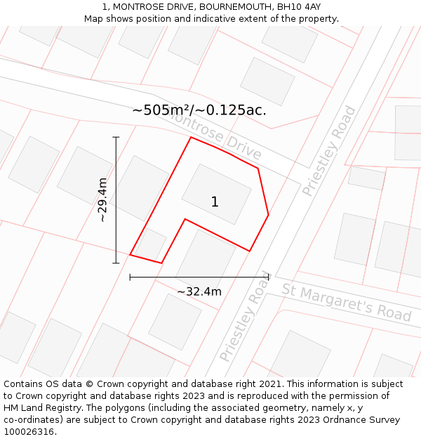 1, MONTROSE DRIVE, BOURNEMOUTH, BH10 4AY: Plot and title map