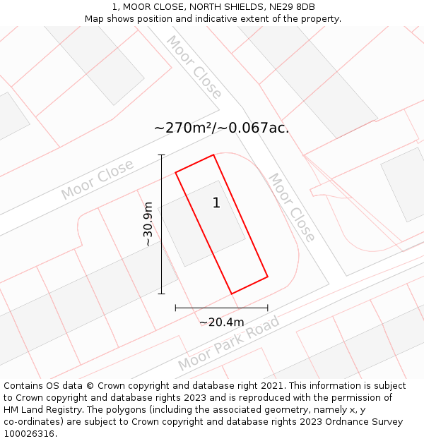 1, MOOR CLOSE, NORTH SHIELDS, NE29 8DB: Plot and title map