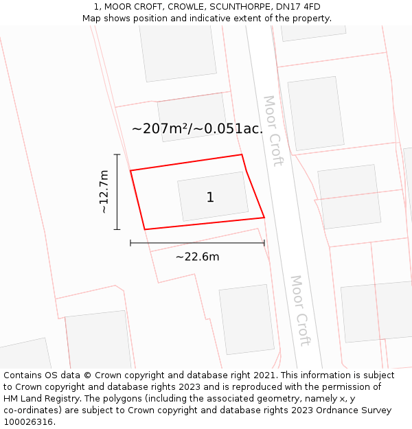 1, MOOR CROFT, CROWLE, SCUNTHORPE, DN17 4FD: Plot and title map
