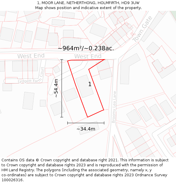 1, MOOR LANE, NETHERTHONG, HOLMFIRTH, HD9 3UW: Plot and title map