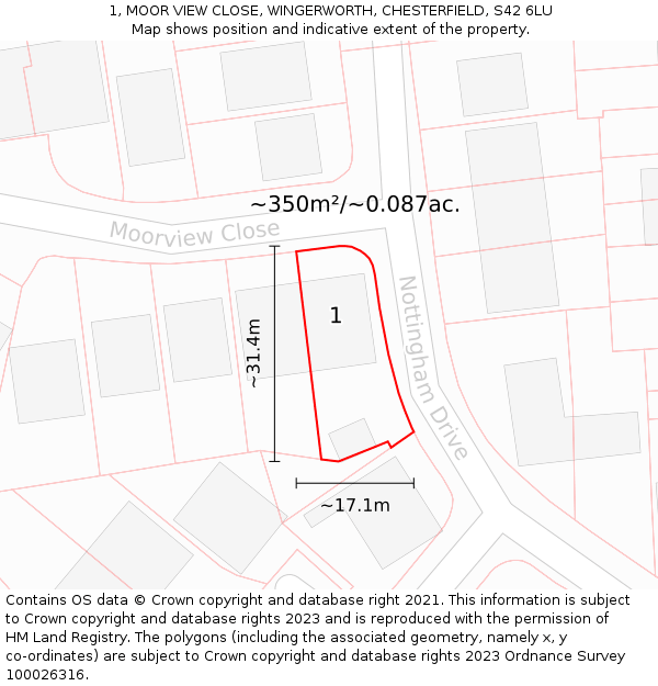 1, MOOR VIEW CLOSE, WINGERWORTH, CHESTERFIELD, S42 6LU: Plot and title map