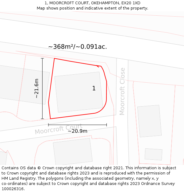 1, MOORCROFT COURT, OKEHAMPTON, EX20 1XD: Plot and title map