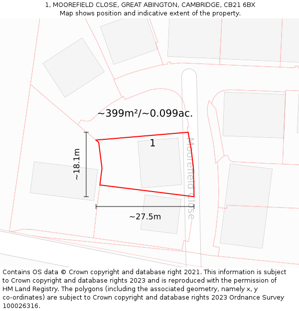 1, MOOREFIELD CLOSE, GREAT ABINGTON, CAMBRIDGE, CB21 6BX: Plot and title map