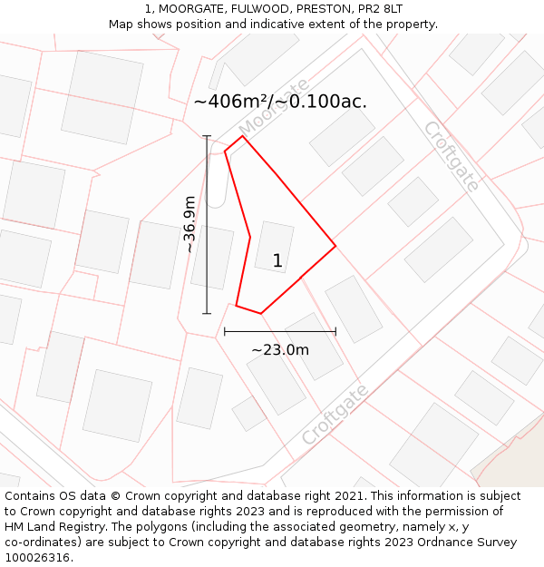 1, MOORGATE, FULWOOD, PRESTON, PR2 8LT: Plot and title map