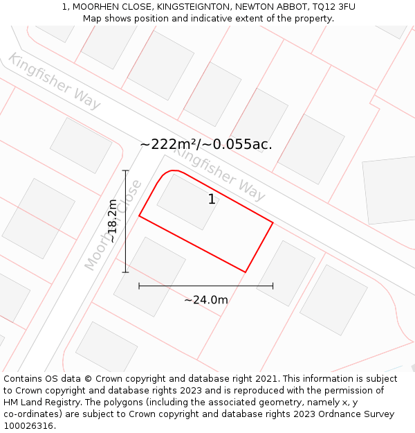 1, MOORHEN CLOSE, KINGSTEIGNTON, NEWTON ABBOT, TQ12 3FU: Plot and title map