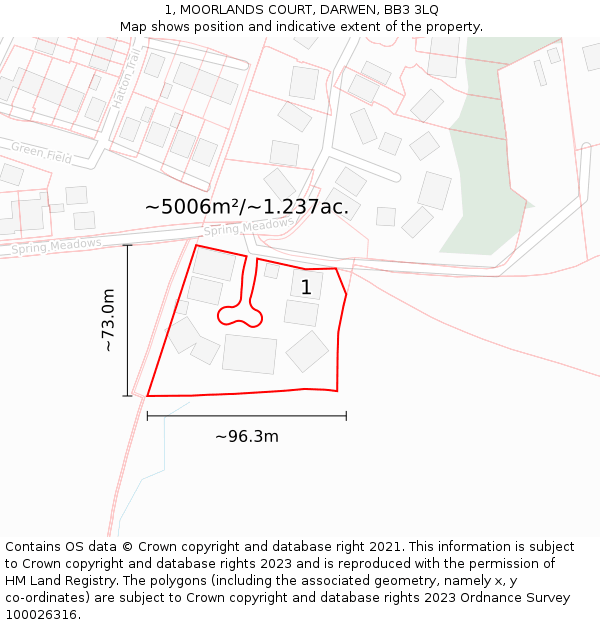 1, MOORLANDS COURT, DARWEN, BB3 3LQ: Plot and title map