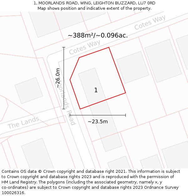 1, MOORLANDS ROAD, WING, LEIGHTON BUZZARD, LU7 0RD: Plot and title map