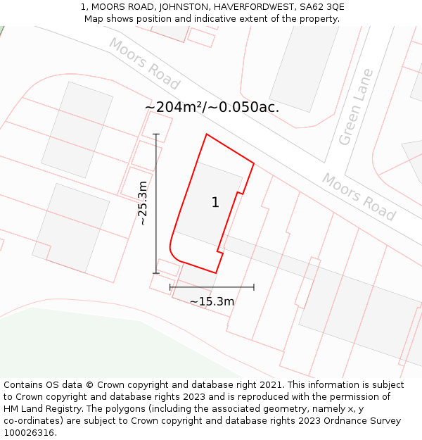 1, MOORS ROAD, JOHNSTON, HAVERFORDWEST, SA62 3QE: Plot and title map