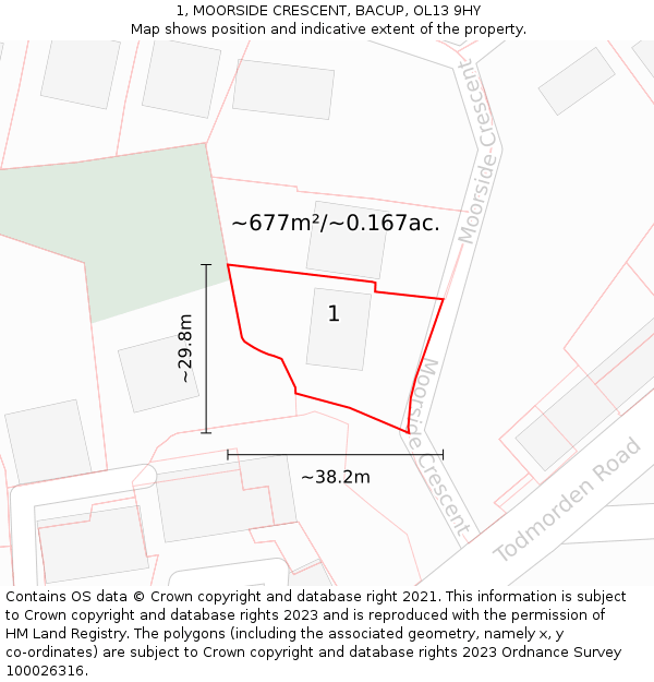 1, MOORSIDE CRESCENT, BACUP, OL13 9HY: Plot and title map