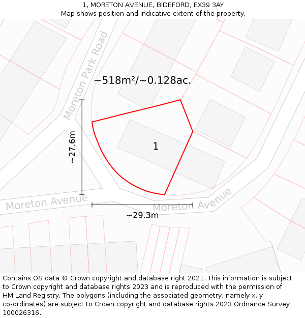 1, MORETON AVENUE, BIDEFORD, EX39 3AY: Plot and title map