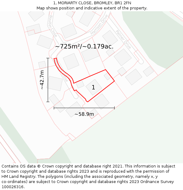 1, MORIARTY CLOSE, BROMLEY, BR1 2FN: Plot and title map