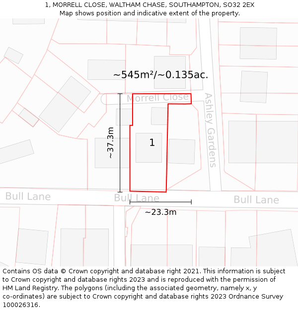 1, MORRELL CLOSE, WALTHAM CHASE, SOUTHAMPTON, SO32 2EX: Plot and title map